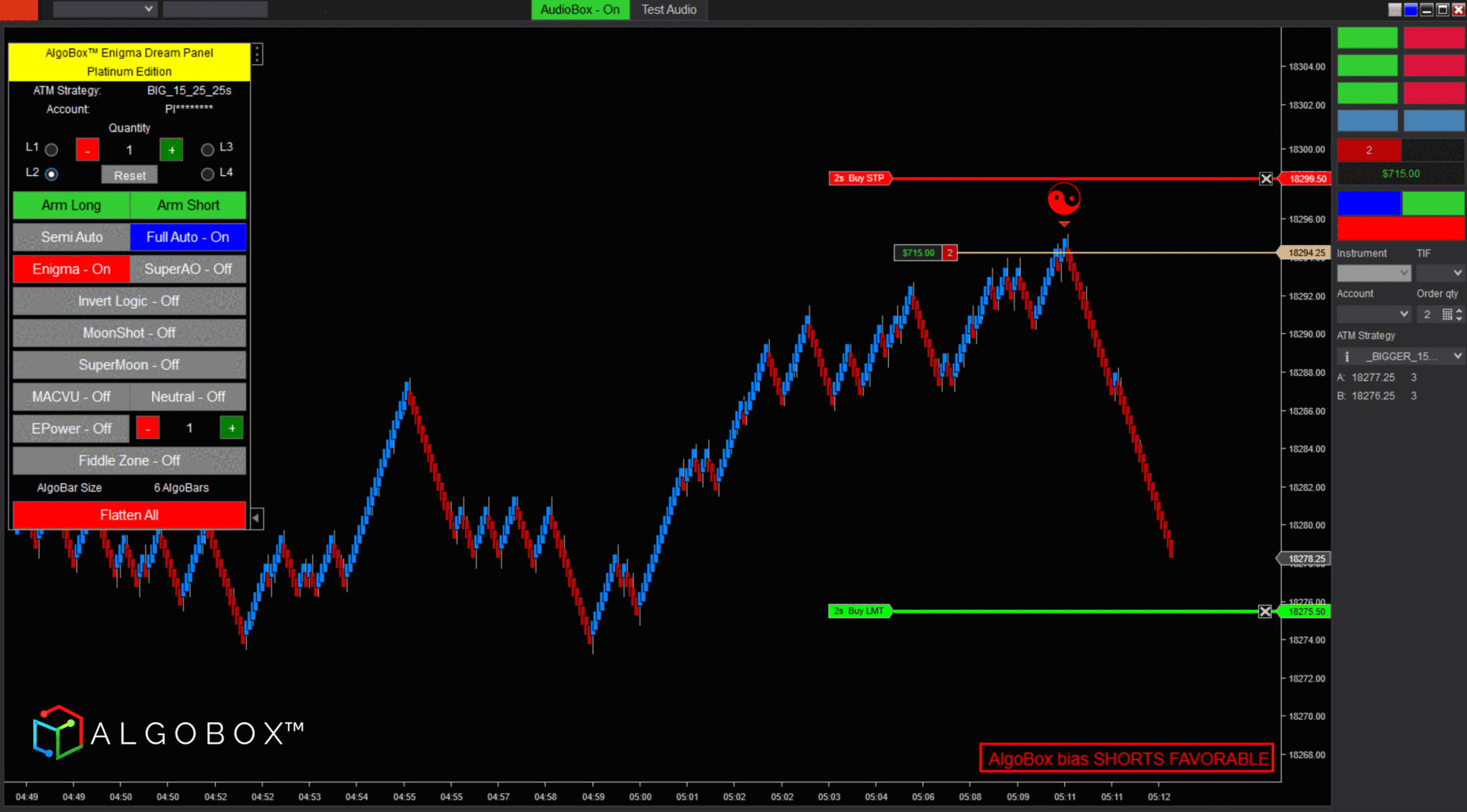 AlgoBox Enigma Dream Panel running Full Auto — signal fires, bracket orders place, trade closes for +$715